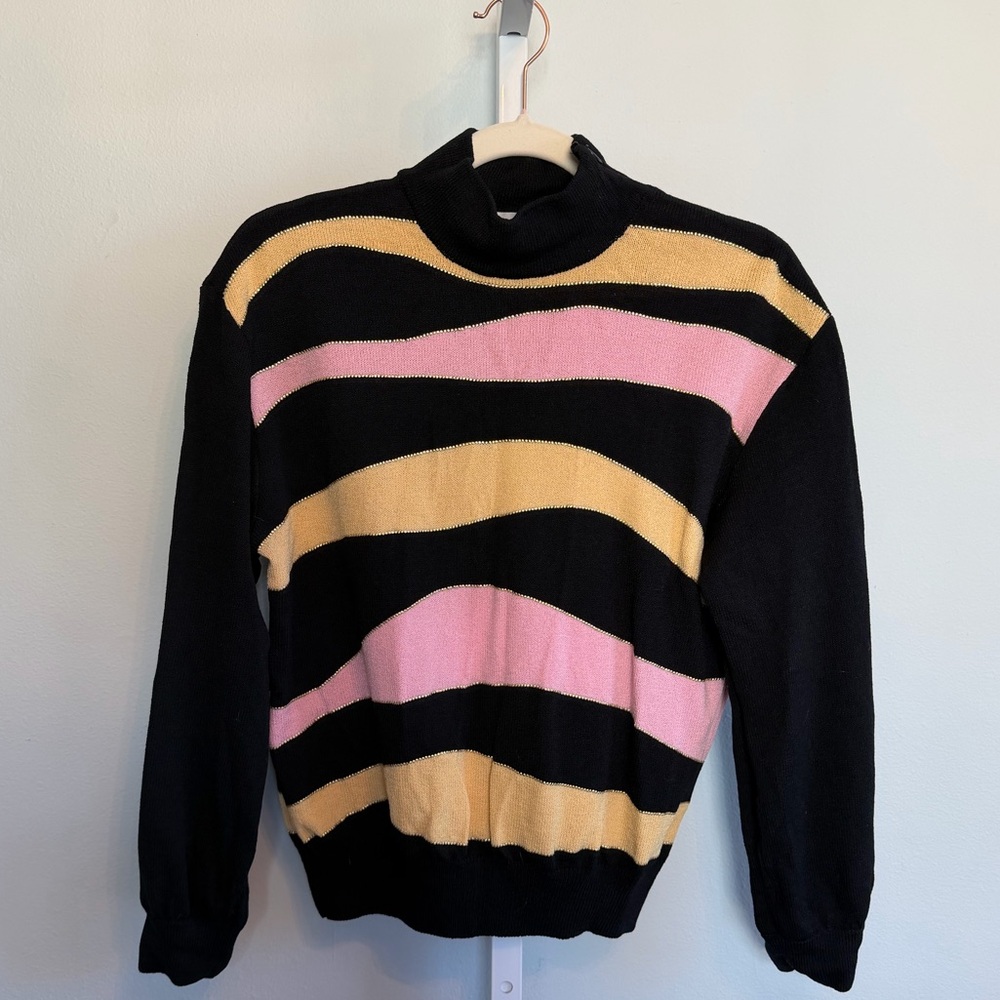 St John Striped Black, Pink, and Yellow w/ Gold Accents Women's Mockneck Sweate